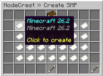 NodeCrest server creation menu showing available Minecraft versions and a recommended option.