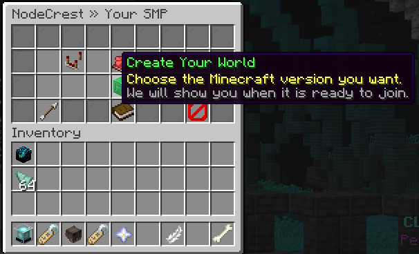 NodeCrest SMP menu with the Create Your World option highlighted.