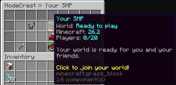 NodeCrest Your SMP menu showing a running world ready to join.