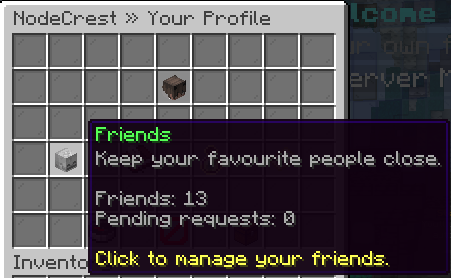 NodeCrest Friends menu showing request tabs and an incoming request with accept and decline instructions.