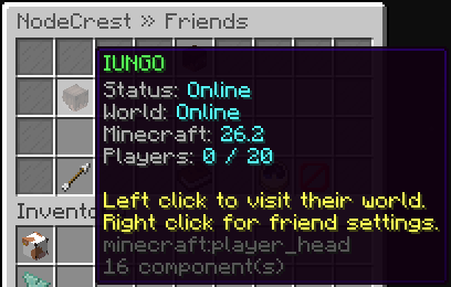 Online friend's tooltip displaying a running SMP, world greeting and the instruction to visit.