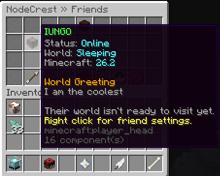 A permitted friend's world tooltip displaying the Oakvale welcome greeting.
